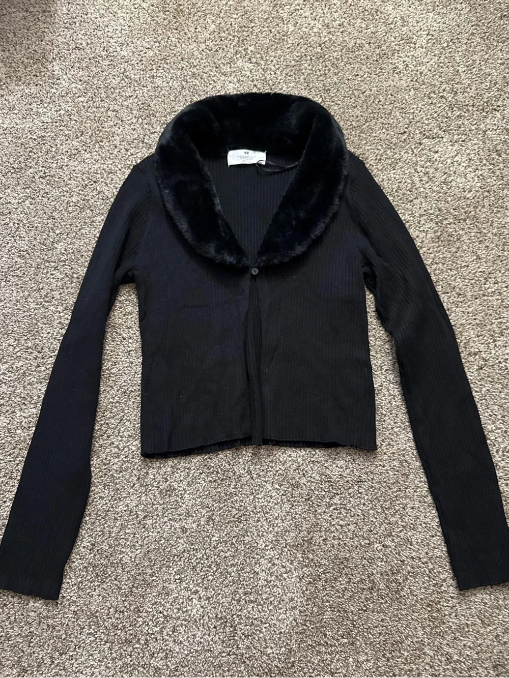 H&M Black Ribbed Cardigan Jacket with Faux-Fur Collar
